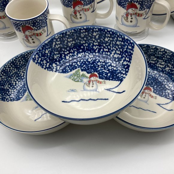 VTG 18 pcs Thomson Pottery Snowman Christmas Spongeware Dinnerware & Drinkware - Picture 6 of 14
